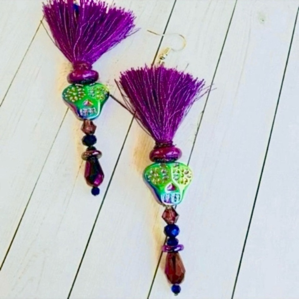 Purple Rainbow Sugar Skull Earrings